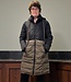 lange dames jas met dubbele ritssluiting zwart- taupe