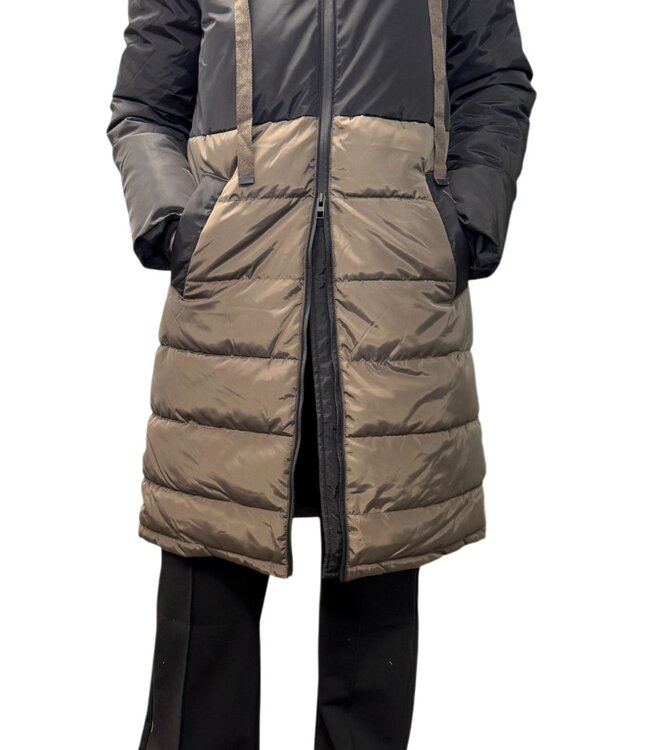 lange dames jas met dubbele ritssluiting zwart- taupe
