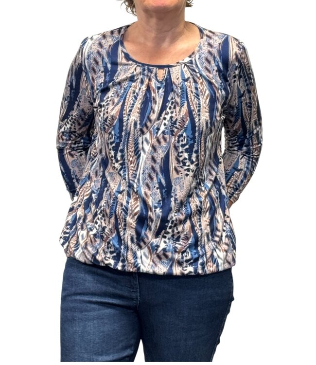 dames blouson shirt tijgerprint en gevlamd blauw- bruin 3/4 mouwlengte