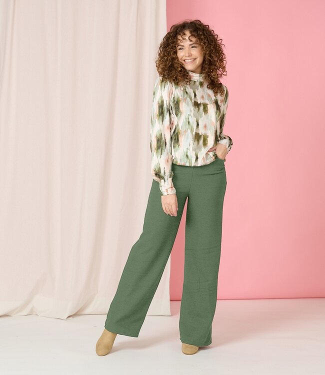 flared stretch broek elastische band "Bentha" boucle uni khaki- groen