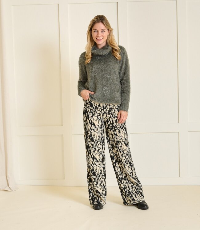 flared stretch broek elastiek print "Bentha" flake beige- grijs