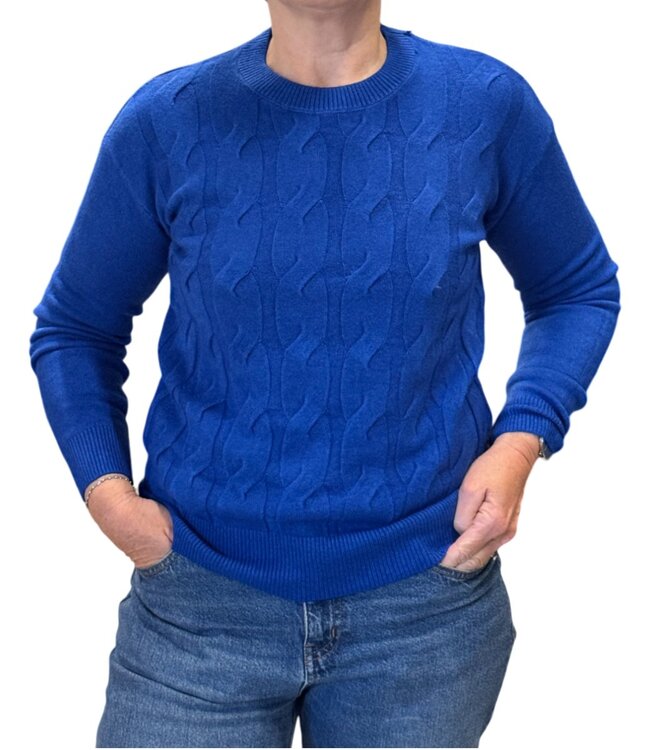 effen warme dames trui met kabel structuur kobaltblauw Marinello