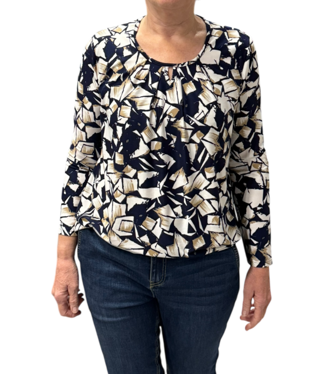 dames blouson shirt travelstof blokprint marine- beige 3/4 mouwlengte