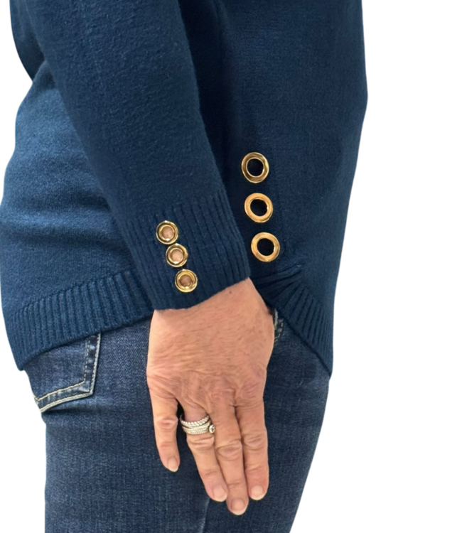 warme dames trui turtleneck knopen petrol- blauw