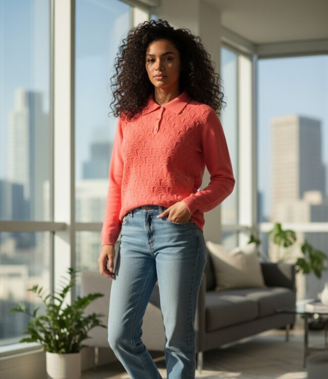 warme dames trui met kraag en schulp- structuur koraal