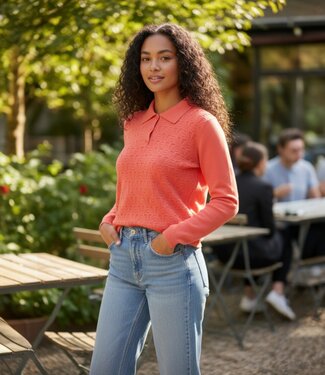 BLAUW warme dames trui met kraag en schulp- structuur koraal