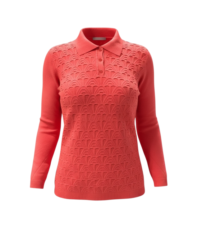 warme dames trui met kraag en schulp- structuur koraal