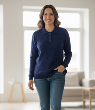 BLAUW warme dames trui met kraag en schulp- structuur marine