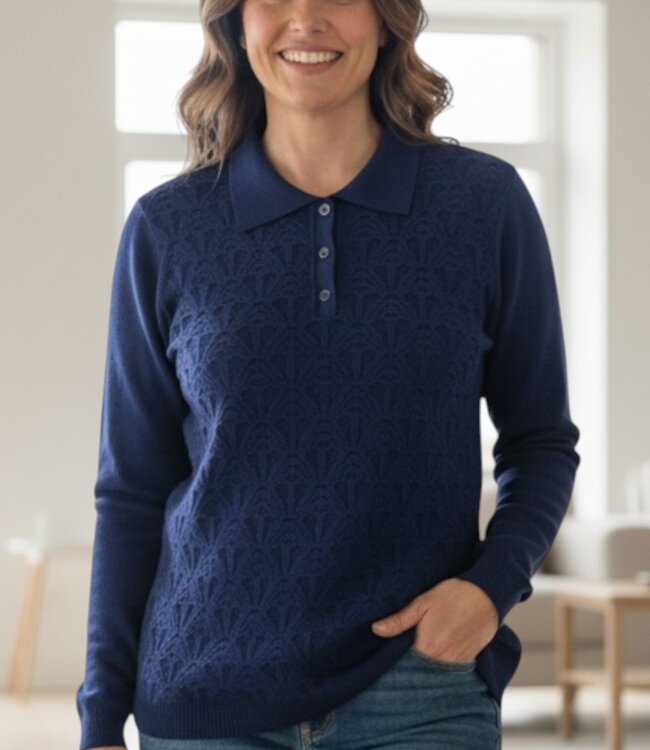 warme dames trui met kraag en schulp- structuur marine