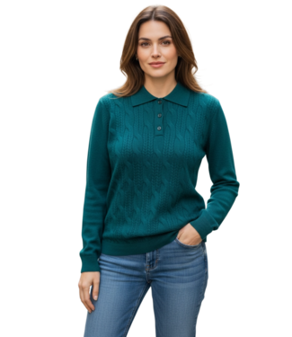 BLAUW warme dames trui met kraag en kabel- structuur groen