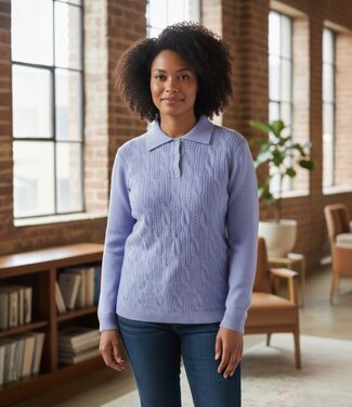 BLAUW warme dames trui met kraag en kabel- structuur blauw