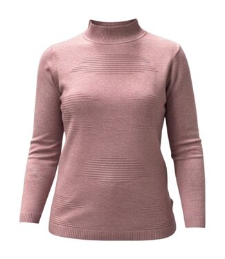 BLAUW warme dames trui opstaande kraag strepen oudroze