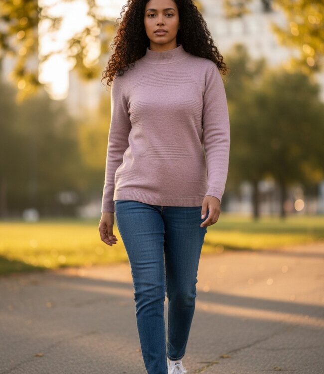 warme dames trui opstaande kraag strepen oudroze