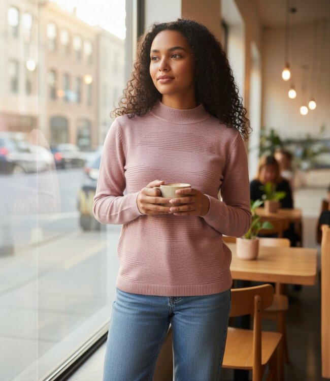 warme dames trui opstaande kraag strepen oudroze