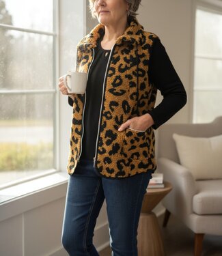 BLAUW teddy dames gilet panther caramel- zwart