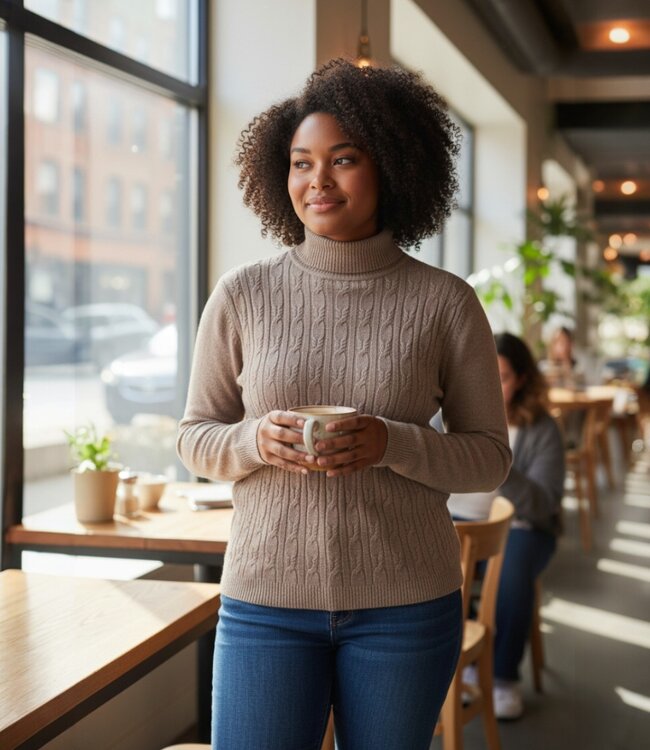 warme dames trui opstaande kraag kabel taupe
