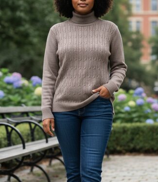 BLAUW warme dames trui opstaande kraag kabel taupe
