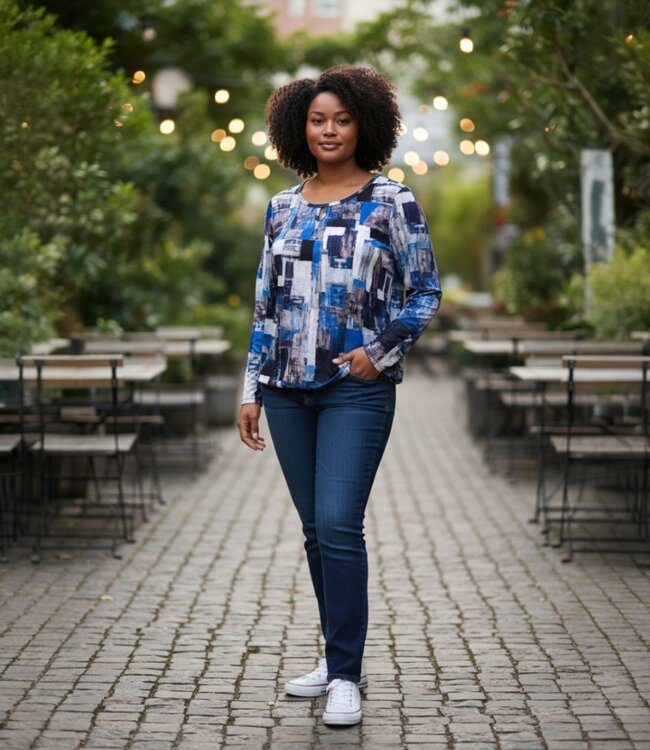 blouson pullover geruwd blokprint blauw