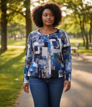 BLAUW blouson pullover geruwd blokprint blauw