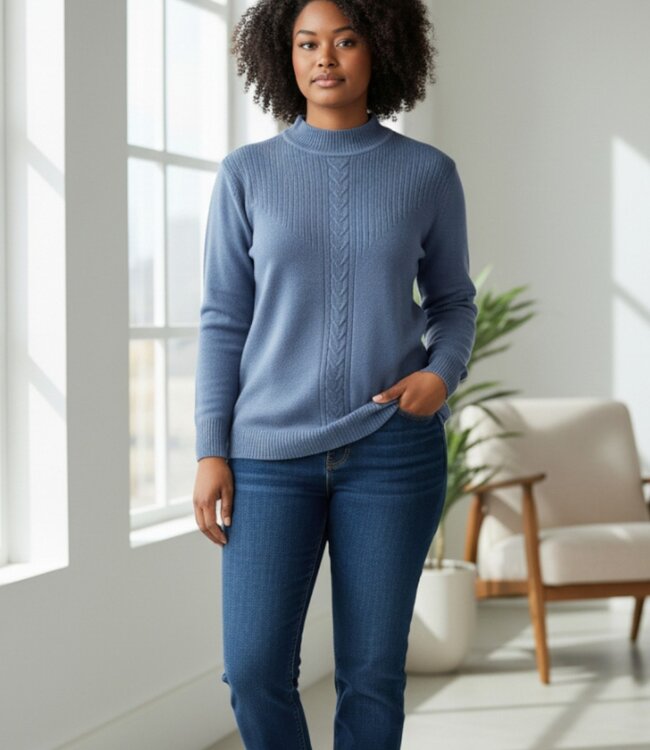 warme dames trui turtleneck kabelstructuur jeansblauw