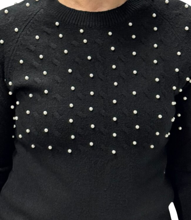 effen dames trui met pareltjes zwart Marinello