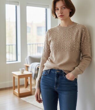 Marinello effen dames trui met pareltjes beige Marinello