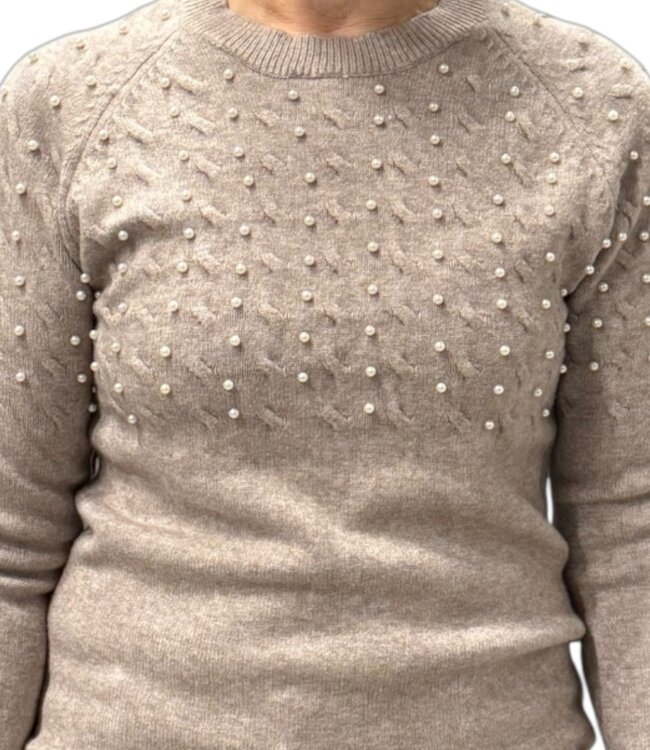 effen dames trui met pareltjes beige Marinello