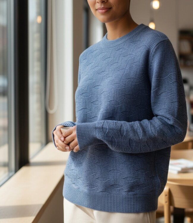 warme dames trui turtleneck golfpatroon jeansblauw