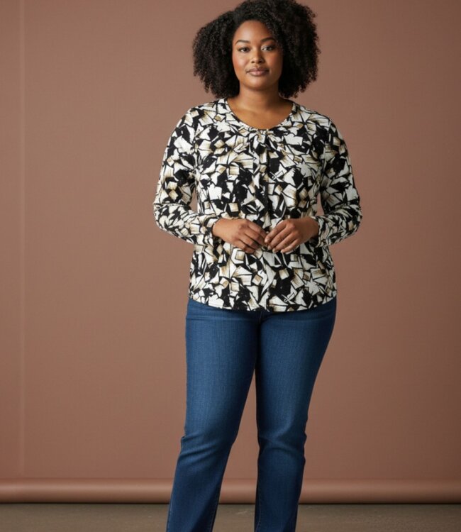 dames blouson shirt travelstof blokprint marine- beige 3/4 mouwlengte