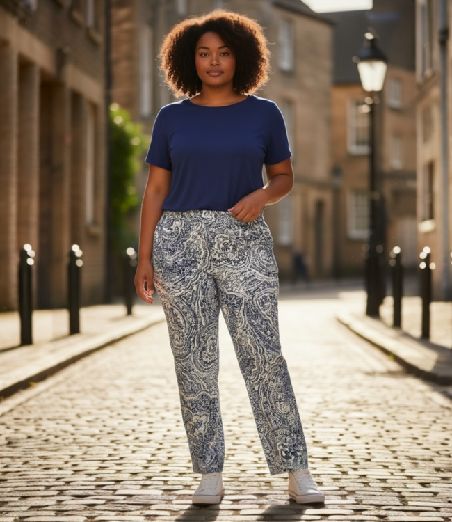 stretch broek recht model "Patti" Delft blauw