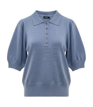 Jensen Denmark gebreide dames polo pullover met knopen blauw Jensen