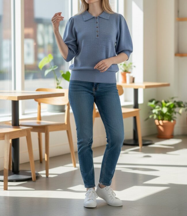 gebreide dames polo pullover met knopen blauw Jensen