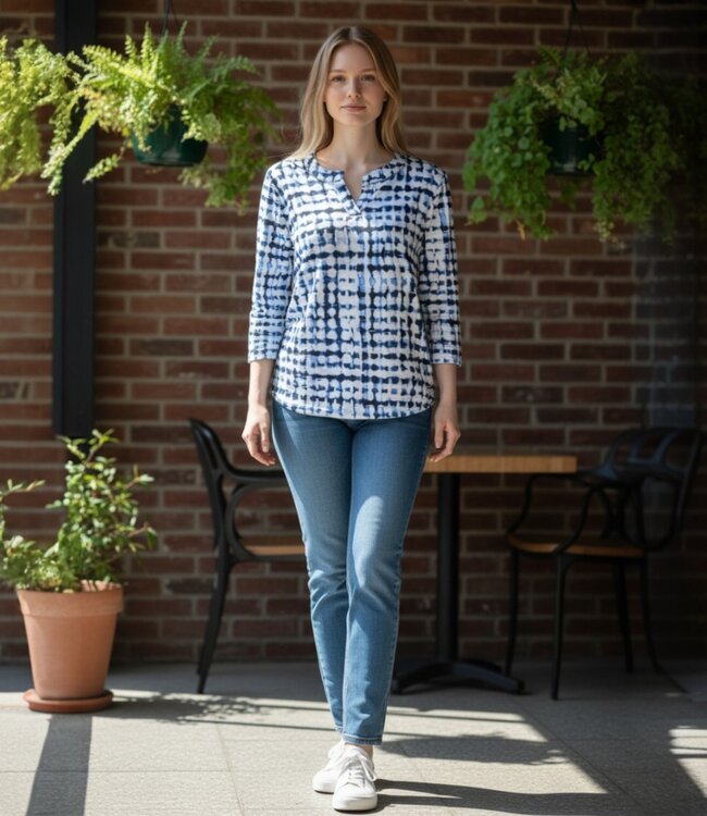 blouson shirt elastiek met print dames 100% katoen blauw Brandtex 220231-3626