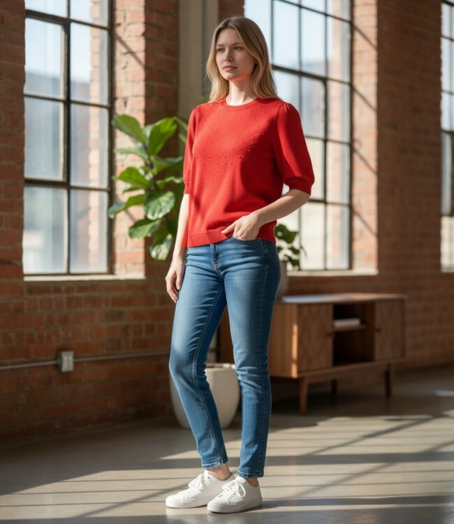 gebreide dames trui korte mouw en nopjes rood Brandtex