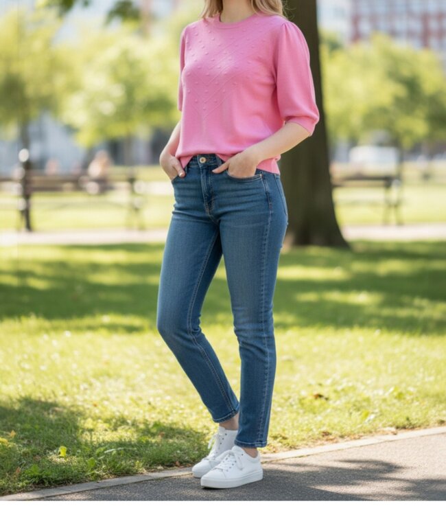 gebreide dames trui korte mouw en nopjes roze Brandtex