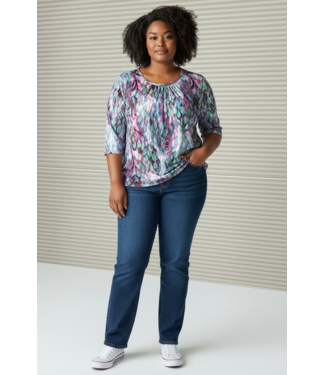 BLAUW dames blouson shirt bloemetjes print paars- groen 3/4 mouwlengte