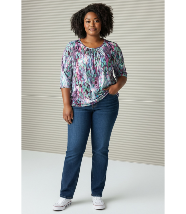 dames blouson shirt bloemetjes print paars- groen 3/4 mouwlengte GEB-W25-34