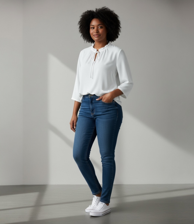 dames blouson shirt effen roezel kraag offwhite