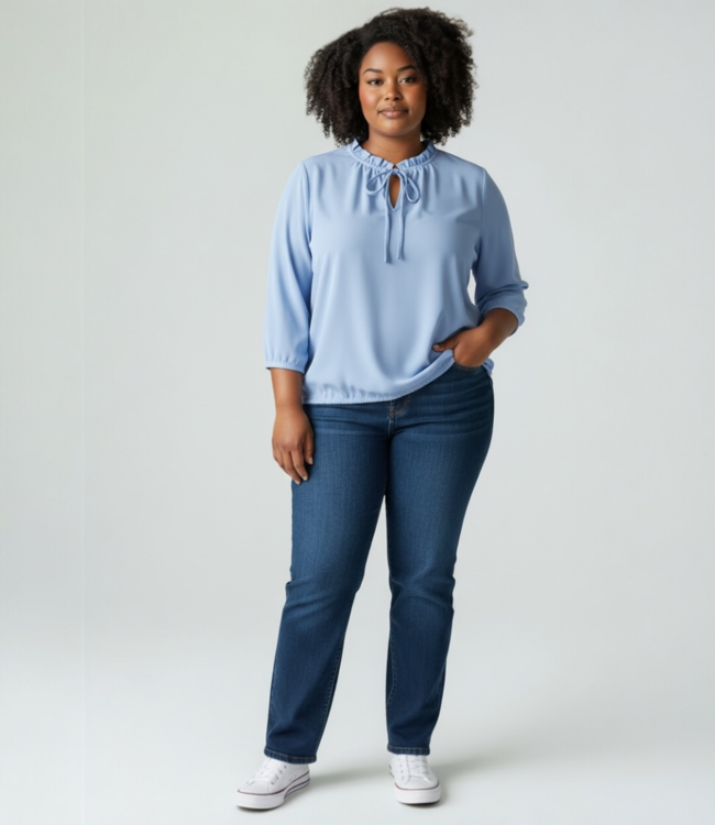 dames blouson shirt effen roezel kraag lichtblauw