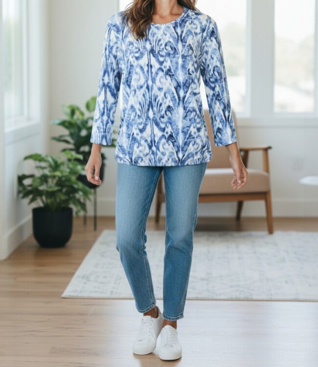 dames blouson shirt elastiek "hearts" blauw Signature