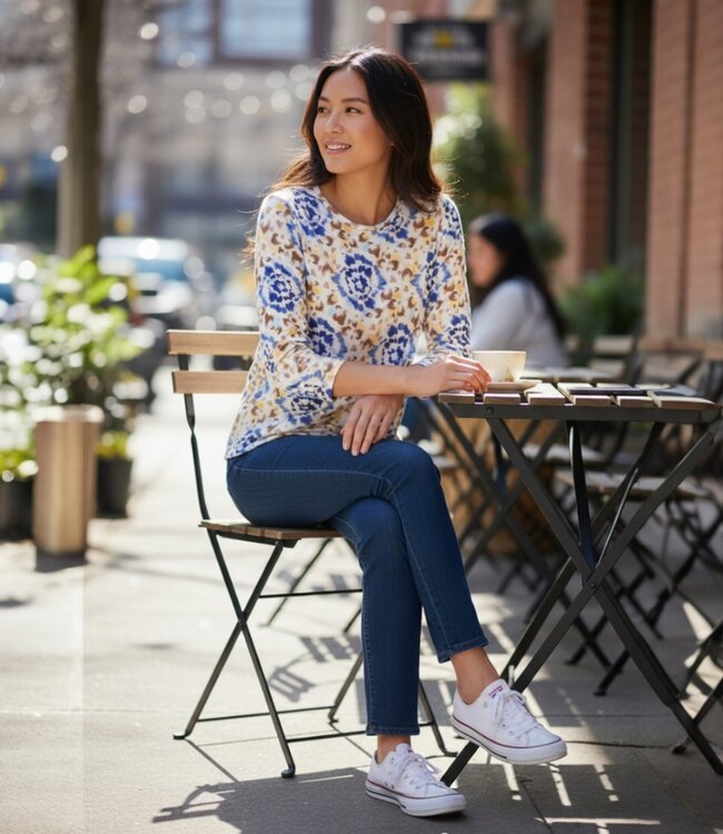 dames blouson shirt elastiek "Tie-Die" marine- geel Signature