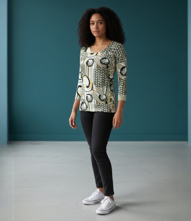 dames t- shirt Retro- print bruin Marinello (3/4 mouwlengte)