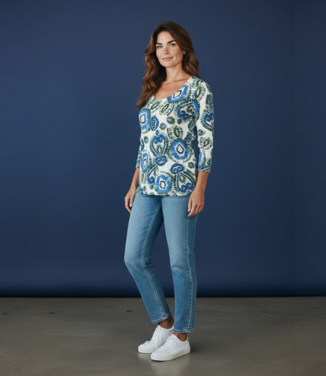 dames t- shirt "Tie-Die" print blauw Marinello (3/4 mouwlengte)