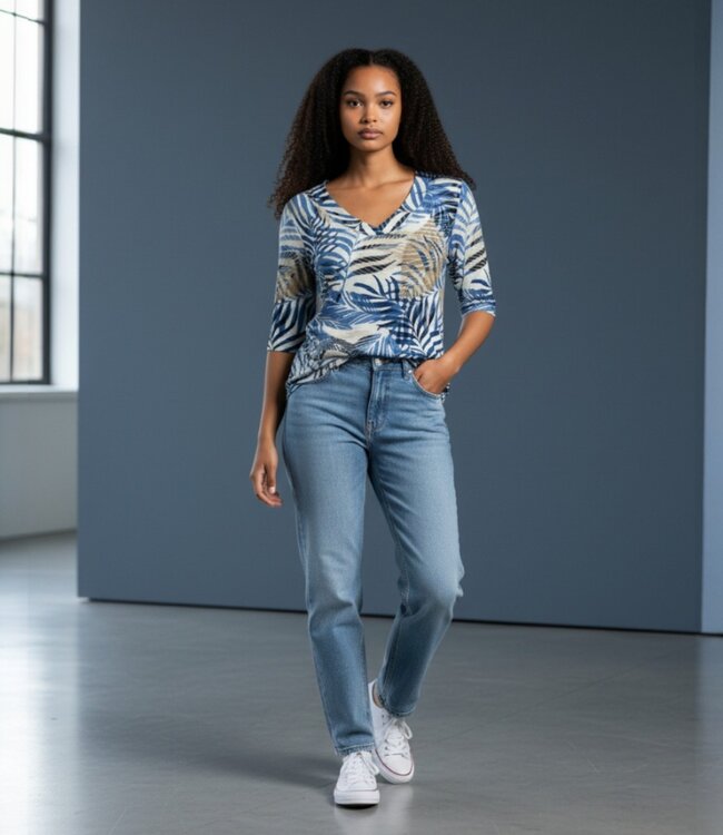 lang dames t- shirt met v-hals en varenprint blauw Marinello