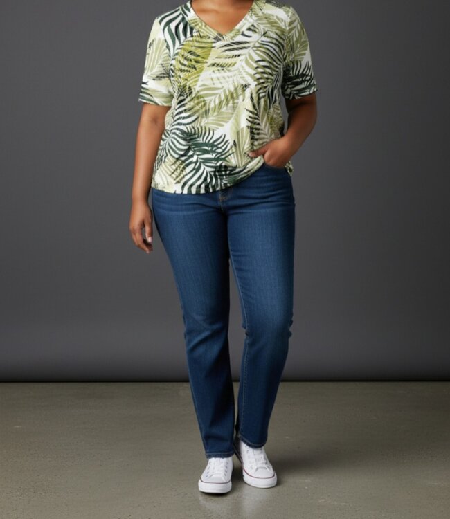 lang dames t- shirt met v-hals en varenprint groen Marinello