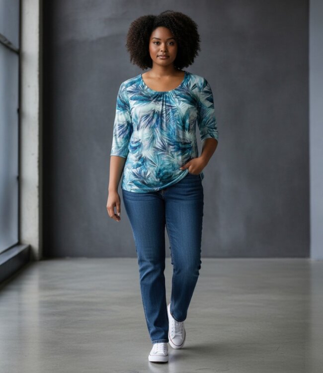 dames t- shirt met plooitjes en print aqua- blauw Gabriella K.