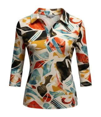 Marinello dames polo fantasyprint aqua- oranje Marinello (3/4 mouwlengte)