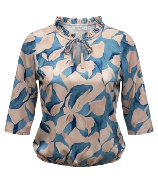 BLAUW dames blouson shirt retro print roezel kraag blauw
