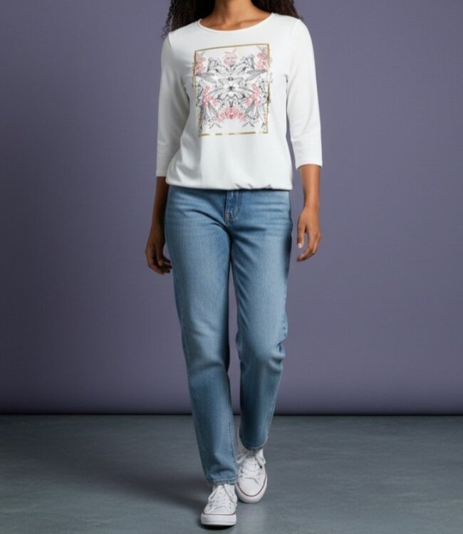 dames blouson shirt elastiek effen met opdruk Sunday