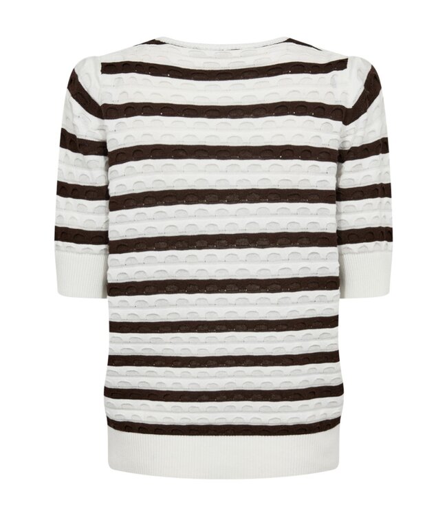 dames trui korte mouw met streep en structuur Dodo bruin FreeQuent